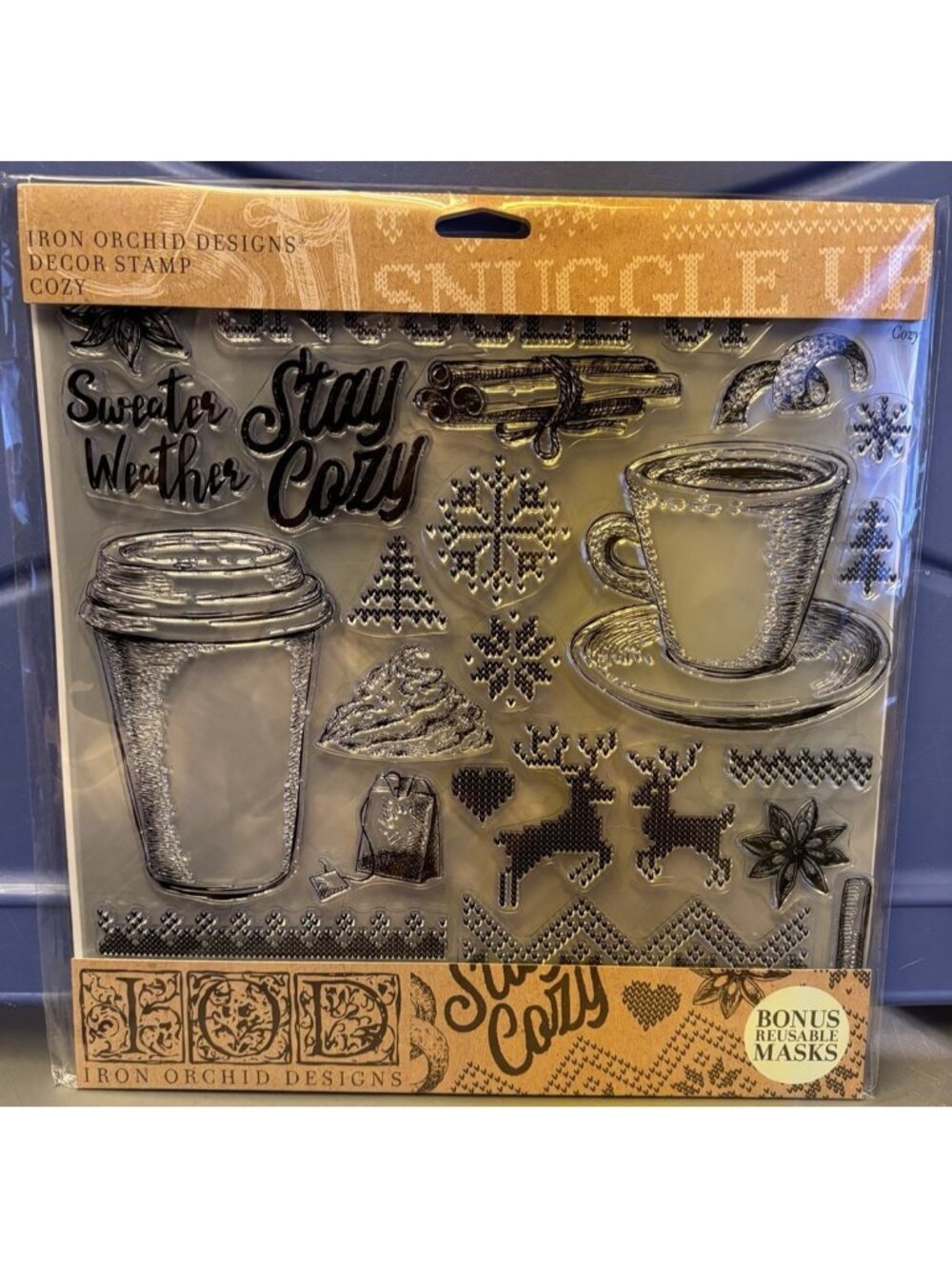 IOD Iron Orchid Designs Christmas Decor Stamp "Cozy" With Masks Coffee Reindeer